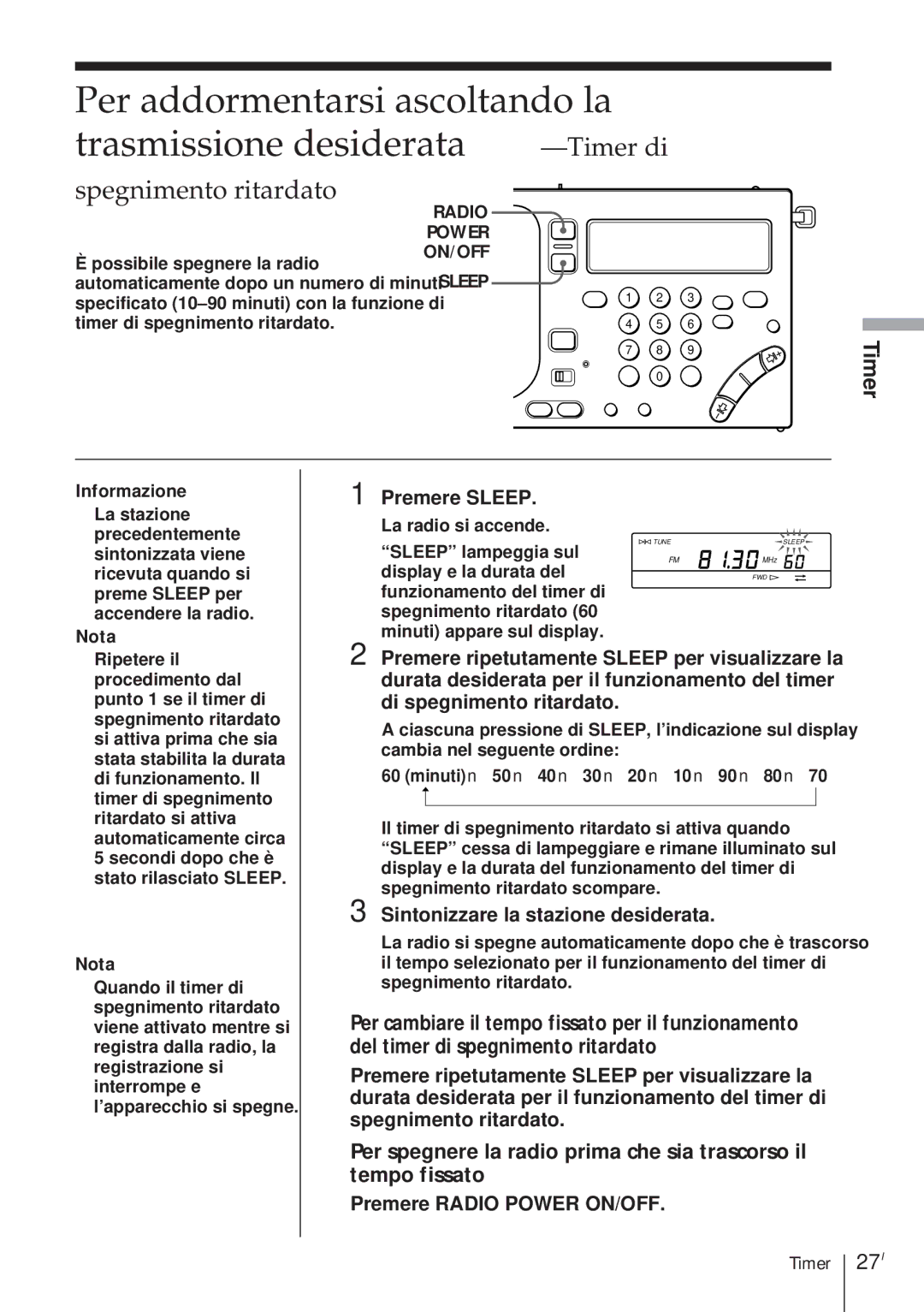 Sony ICF-SW1000TS operating instructions 27I, Premere Sleep, Premere Radio Power ON/OFF 