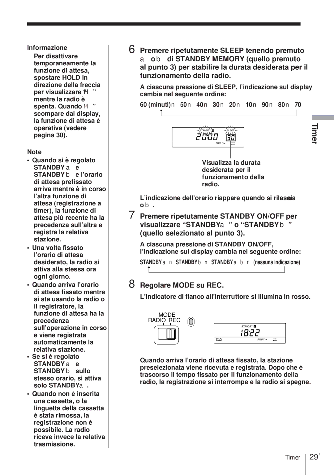 Sony ICF-SW1000TS operating instructions Regolare Mode su REC, ’indicazione dell’orario riappare quando si rilascia a 