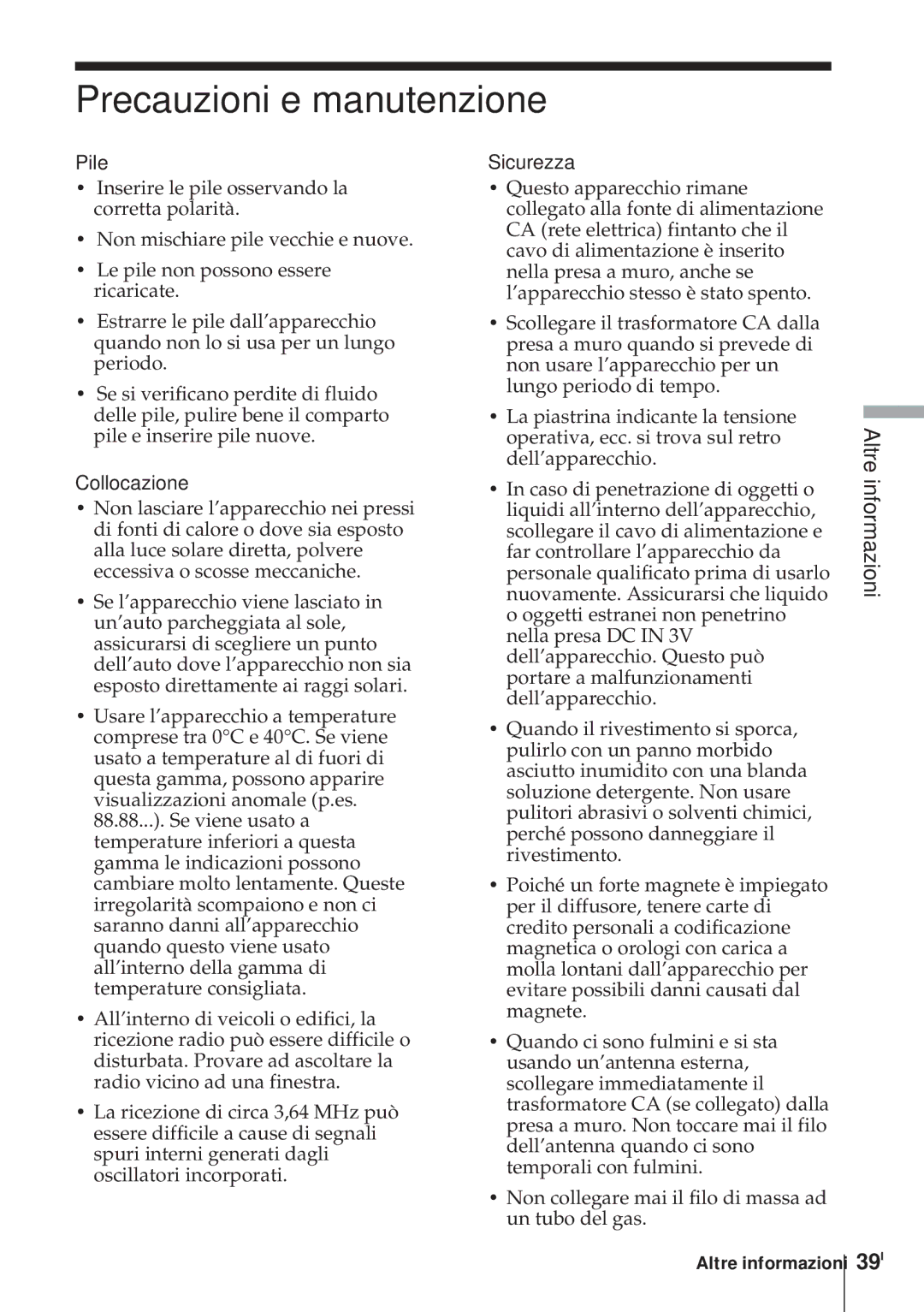 Sony ICF-SW1000TS operating instructions Precauzioni e manutenzione, 39I, Pile, Collocazione, Sicurezza 