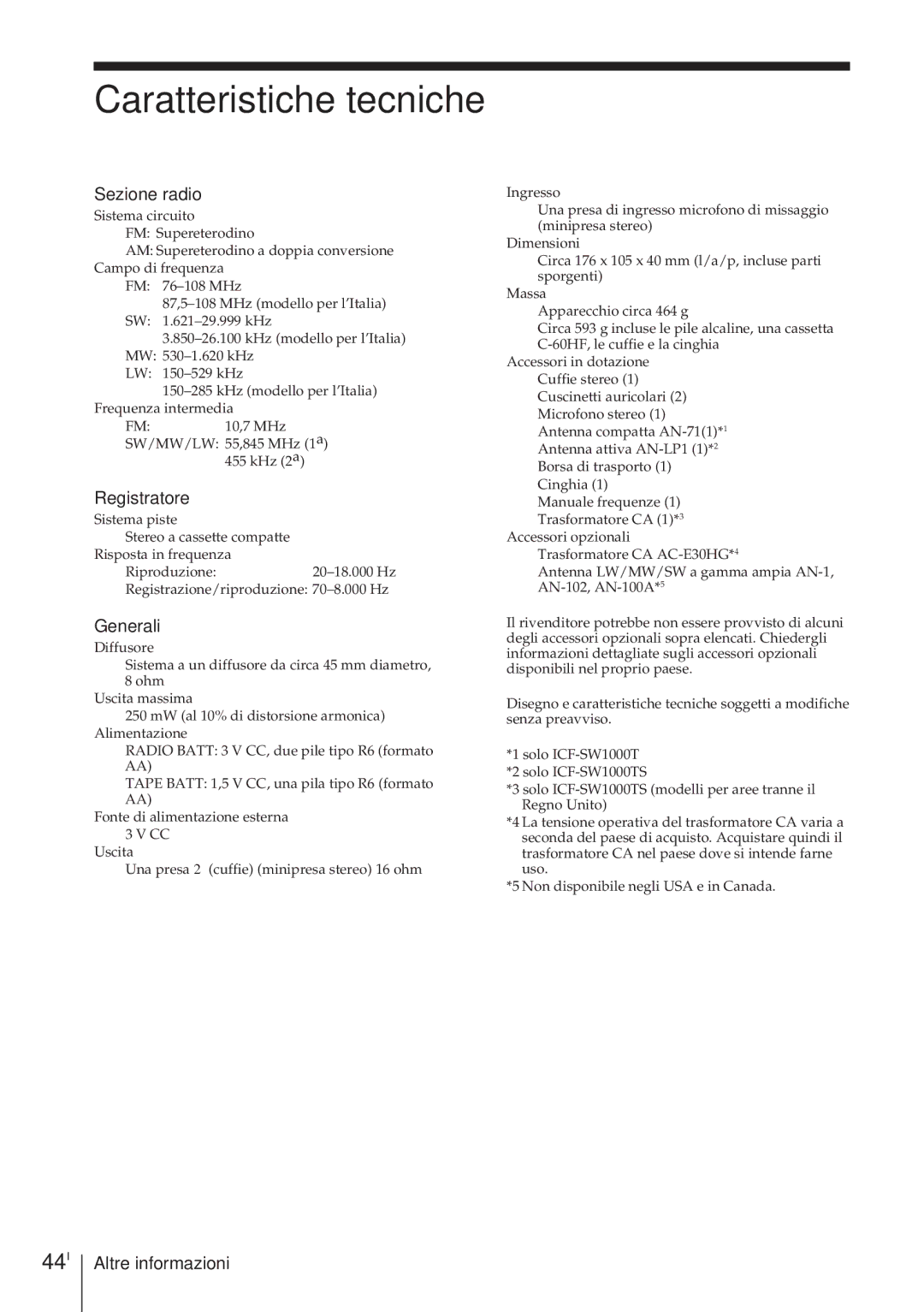 Sony ICF-SW1000TS operating instructions Caratteristiche tecniche, 44I, Registratore, Generali 