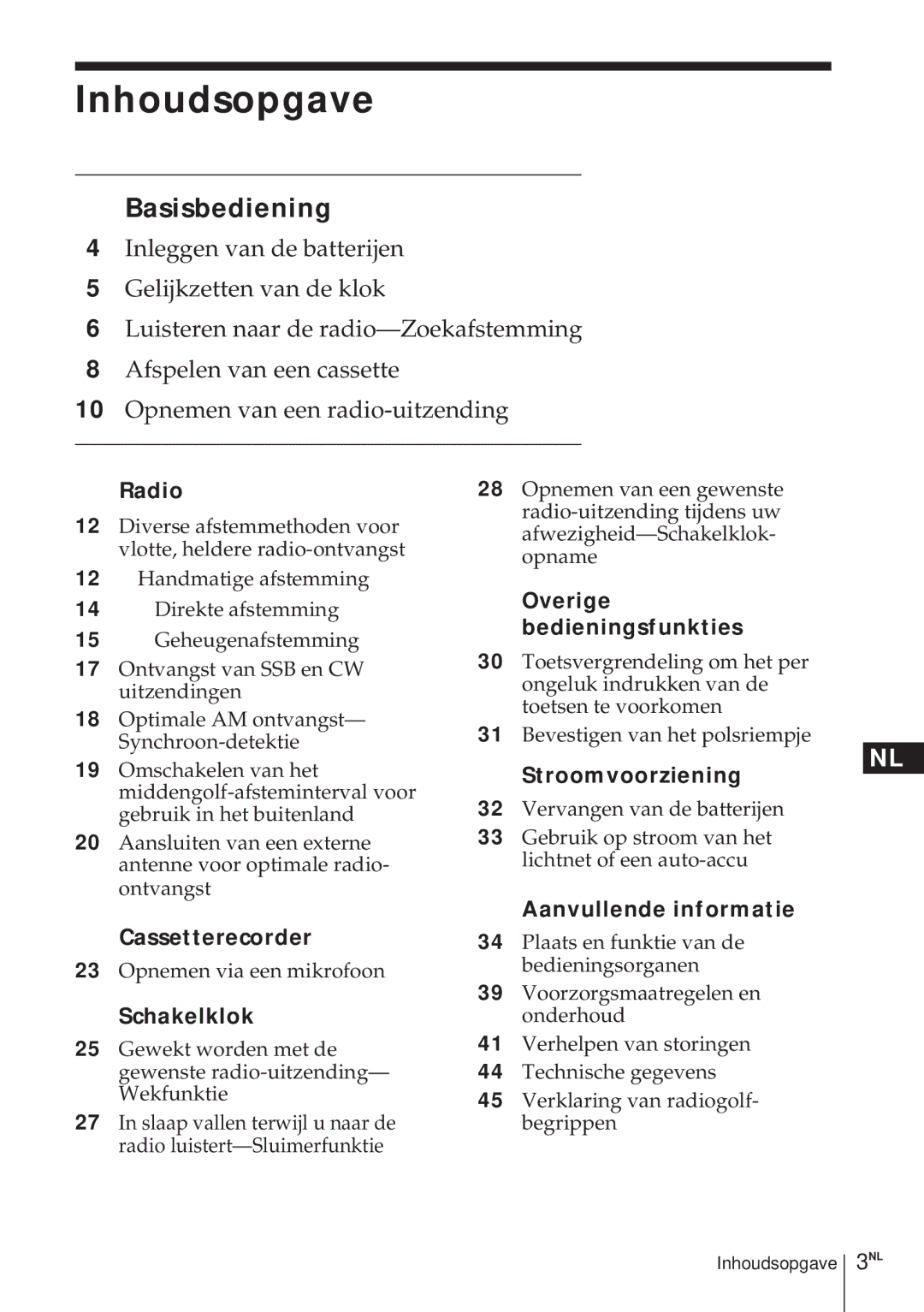 Sony ICF-SW1000TS operating instructions Inhoudsopgave 