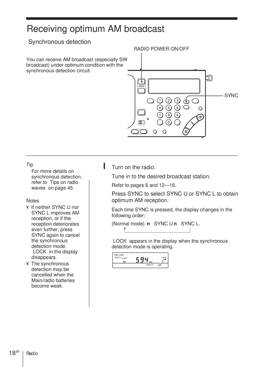 Sony ICF-SW1000TS operating instructions Receiving optimum AM broadcast, Synchronous detection, 18EN 