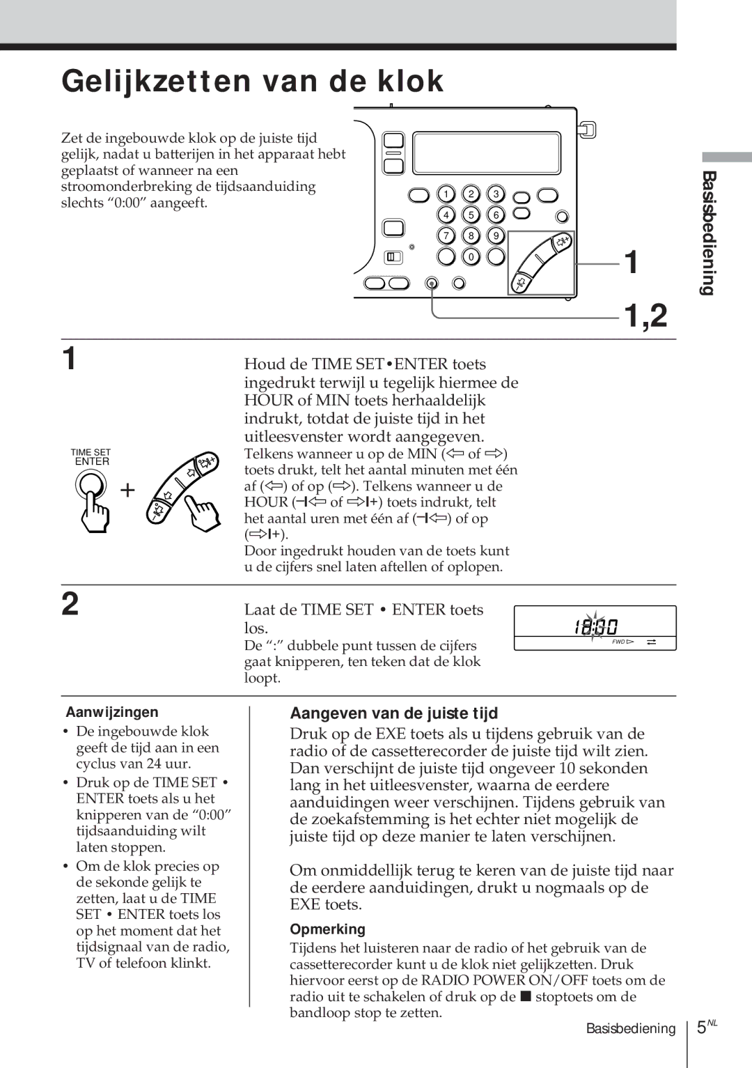 Sony ICF-SW1000TS operating instructions Gelijkzetten van de klok, Basisbediening, Aangeven van de juiste tijd 