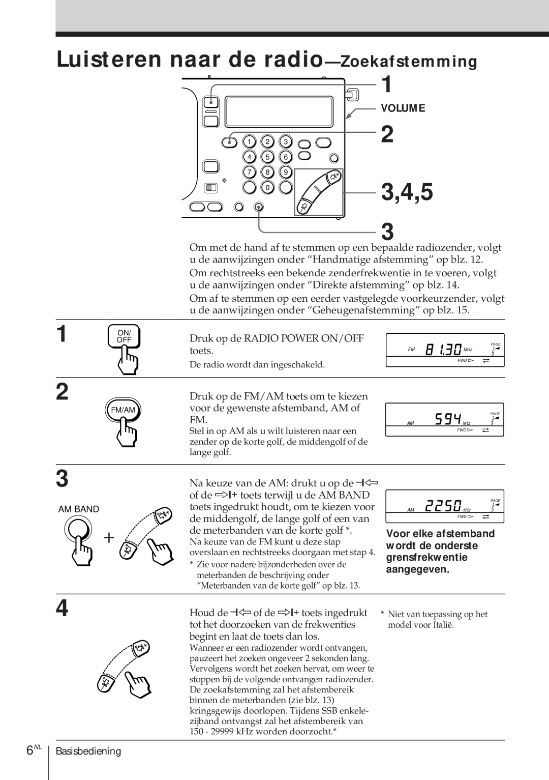 Sony ICF-SW1000TS operating instructions Luisteren naar de radio-Zoekafstemming, Voor de gewenste afstemband, AM 