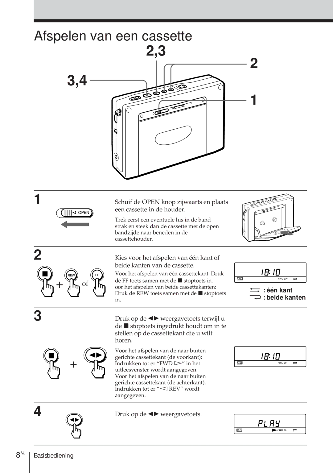 Sony ICF-SW1000TS operating instructions Afspelen van een cassette, Één kant Beide kanten 