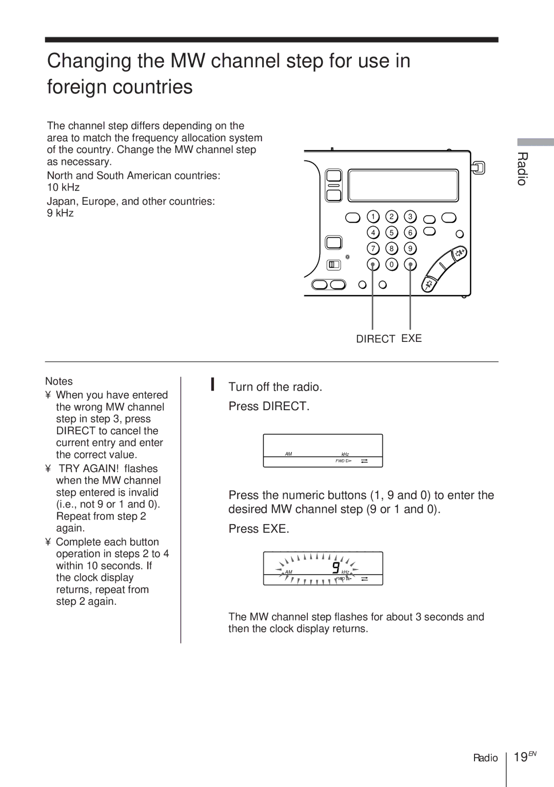 Sony ICF-SW1000T Changing the MW channel step for use in foreign countries, 19EN, Turn off the radio Press Direct 