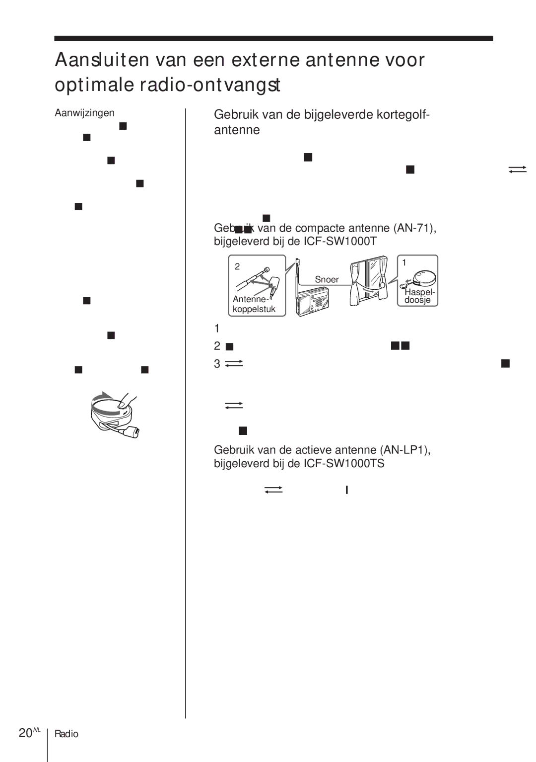 Sony ICF-SW1000TS operating instructions Gebruik van de bijgeleverde kortegolf- antenne, 20NL 