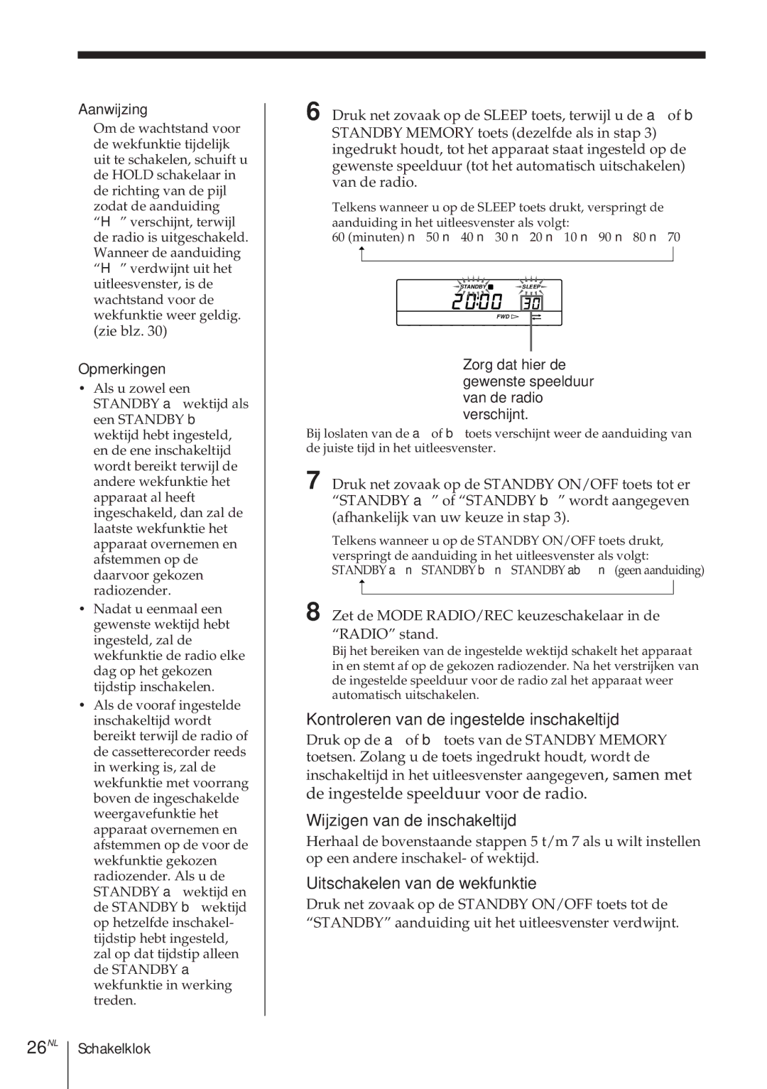 Sony ICF-SW1000TS 26NL, Kontroleren van de ingestelde inschakeltijd, De ingestelde speelduur voor de radio 