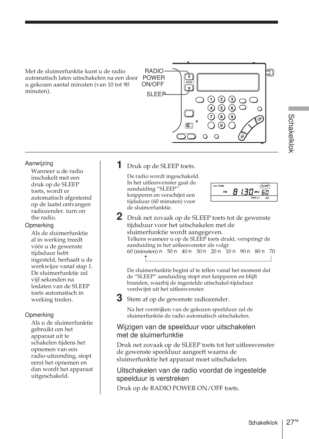 Sony ICF-SW1000TS operating instructions Slaap vallen terwijl u naar de radio, Luistert -Sluimerfunktie, 27NL 