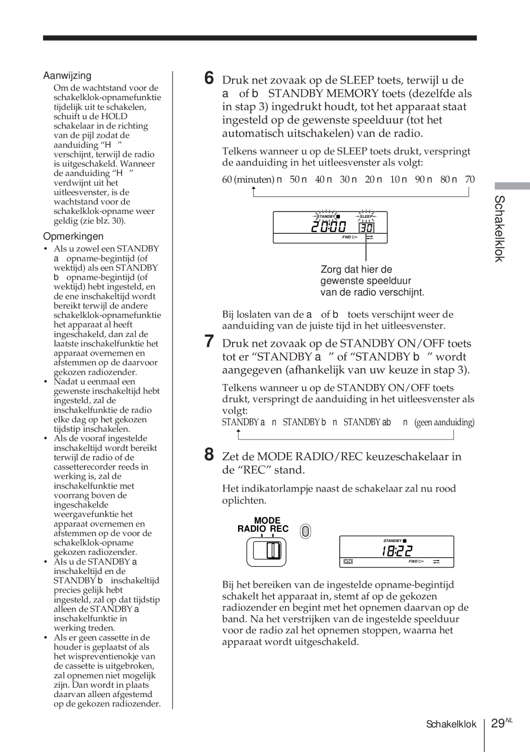 Sony ICF-SW1000TS operating instructions 29NL, Zet de Mode RADIO/REC keuzeschakelaar in de REC stand 