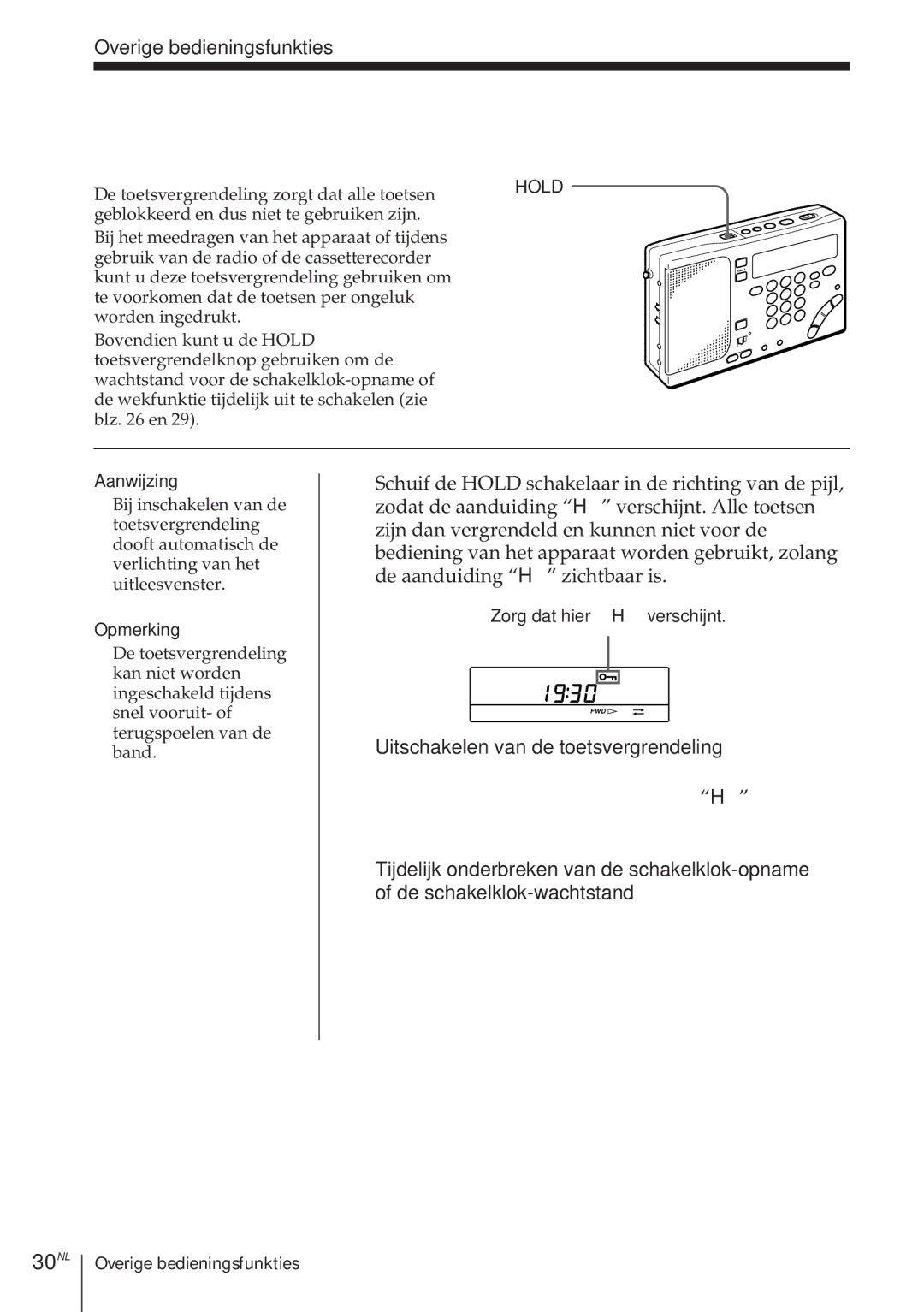 Sony ICF-SW1000TS operating instructions 30NL, Uitschakelen van de toetsvergrendeling, Zorg dat hier H verschijnt 