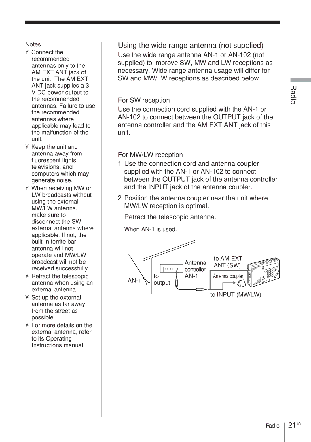 Sony ICF-SW1000TS operating instructions Using the wide range antenna not supplied, 21EN 