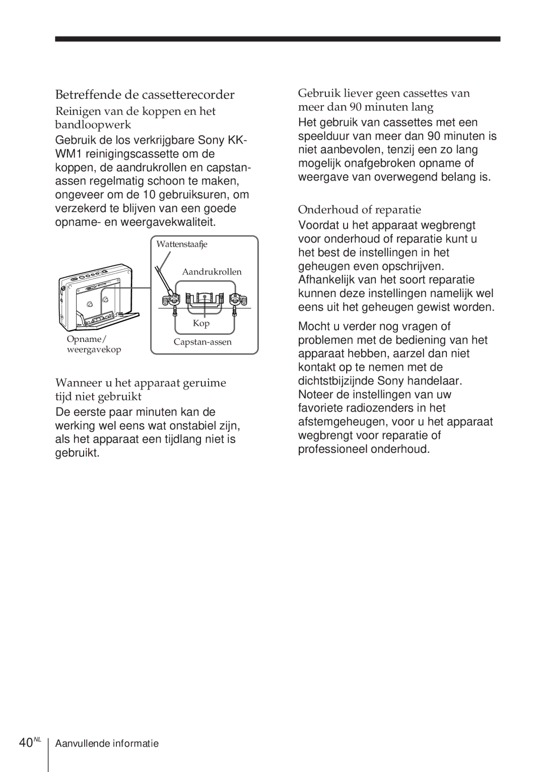 Sony ICF-SW1000TS operating instructions Betreffende de cassetterecorder, 40NL 