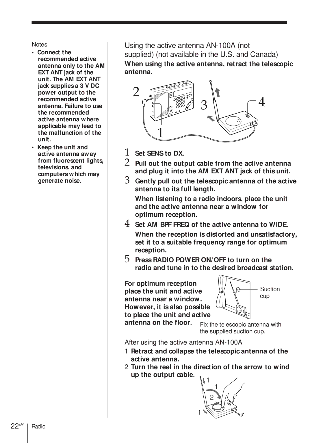 Sony ICF-SW1000TS operating instructions 22EN, After using the active antenna AN-100A, Suction cup 