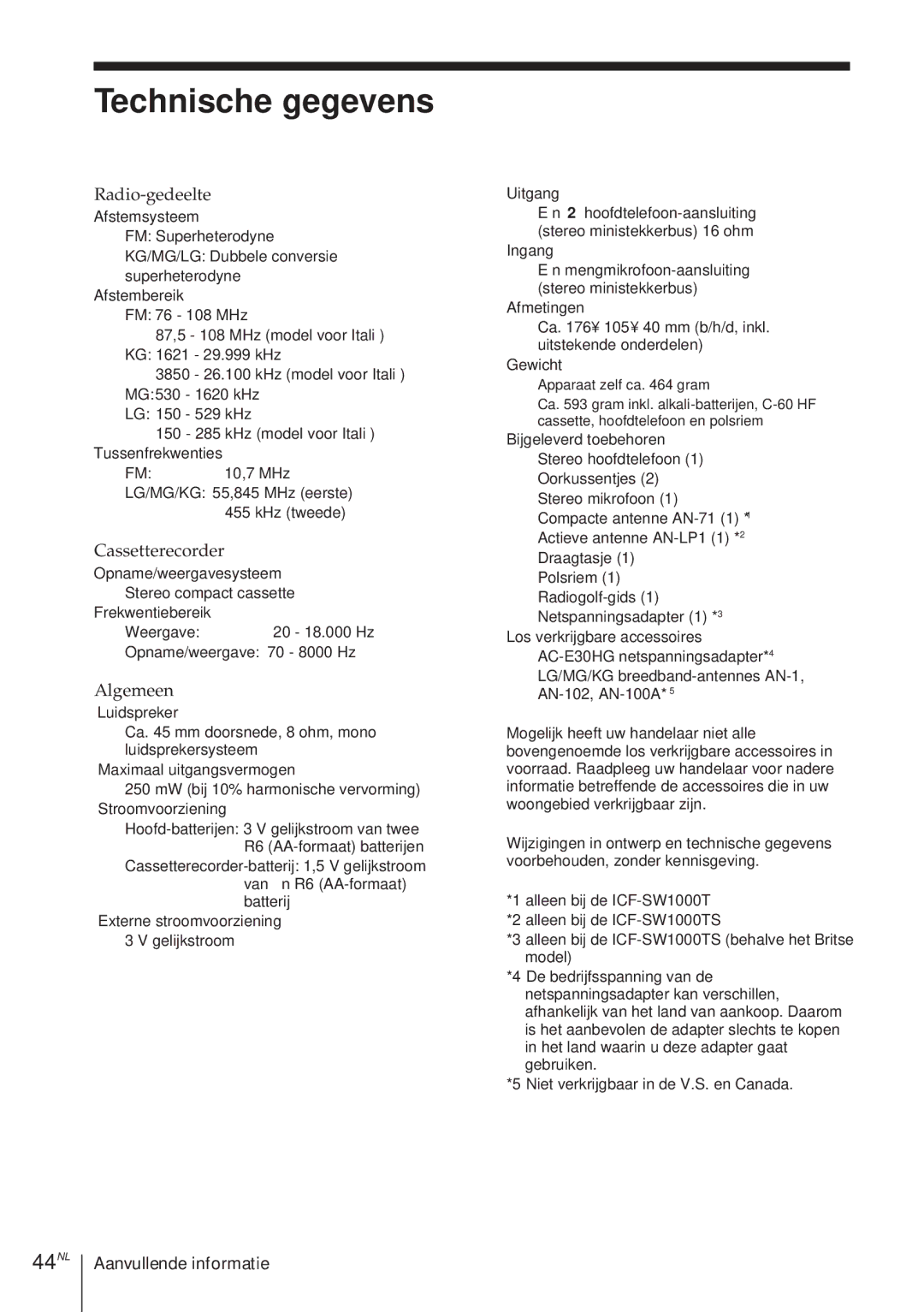 Sony ICF-SW1000TS operating instructions Technische gegevens, 44NL, Radio-gedeelte, Cassetterecorder, Algemeen 