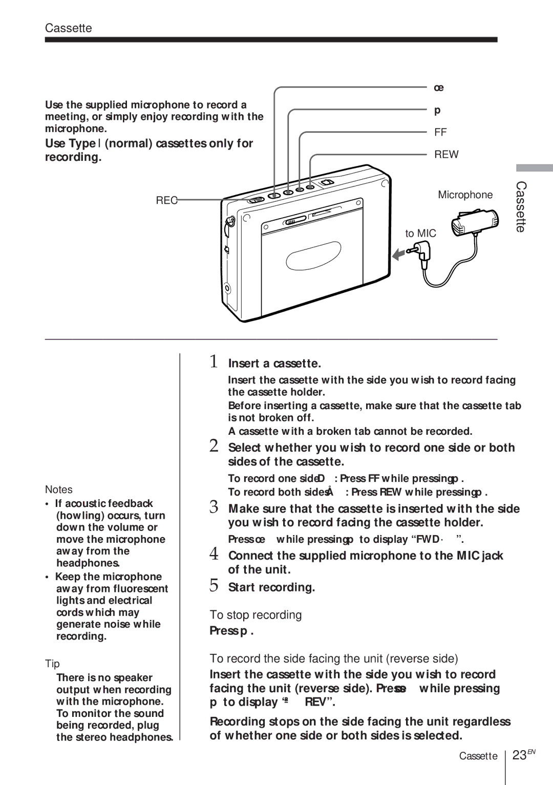 Sony ICF-SW1000TS operating instructions Recording with a microphone, 23EN, Cassette 