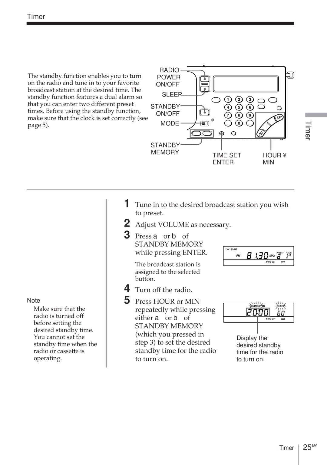 Sony ICF-SW1000TS operating instructions To wake up to the desired broadcast, Standby function, 25EN, Timer 