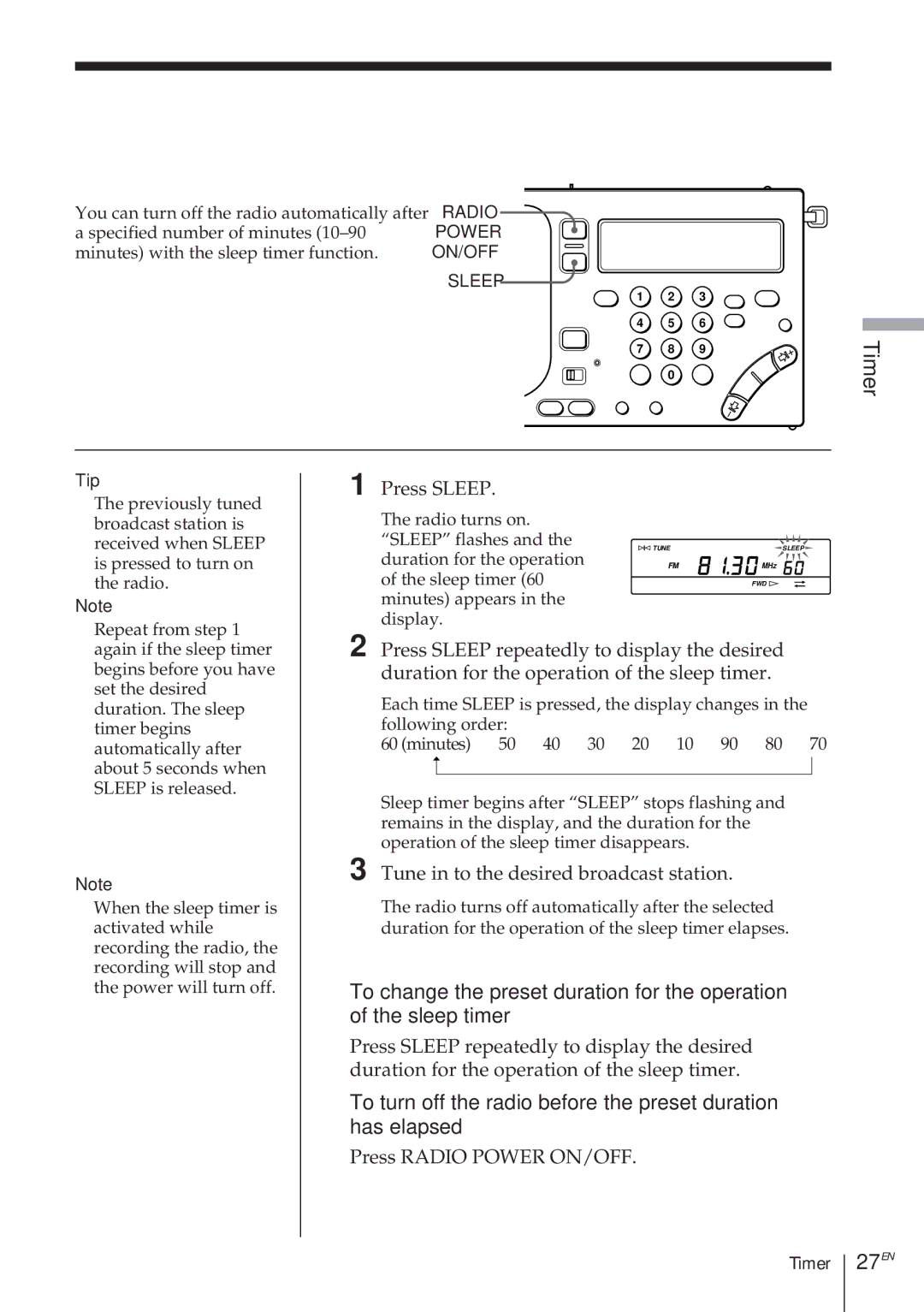 Sony ICF-SW1000TS To fall asleep while listening to the desired, Broadcast-Sleep timer, 27EN, Press Sleep 