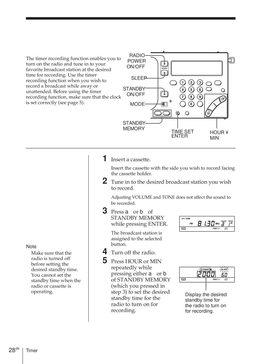 Sony ICF-SW1000TS operating instructions To record the desired broadcast with, Timer-Timer recording, 28EN 