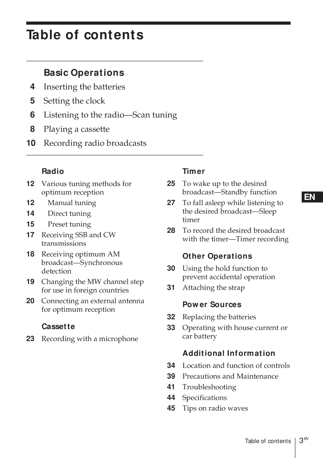 Sony ICF-SW1000TS operating instructions Table of contents 