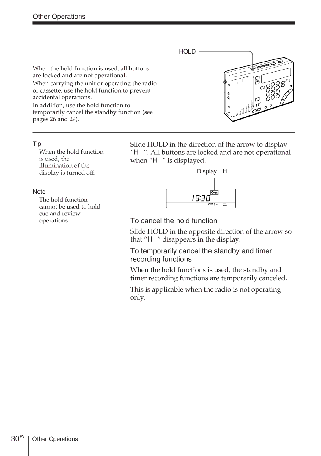 Sony ICF-SW1000TS Using the hold function to prevent accidental Operations, To cancel the hold function, 30EN, Display H 