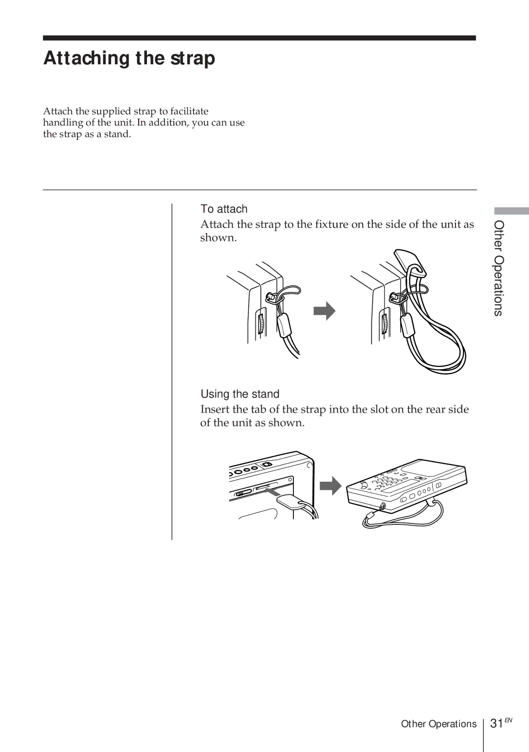 Sony ICF-SW1000TS Attaching the strap, 31EN, To attach, Using the stand, OtherPower SoucesOperations 