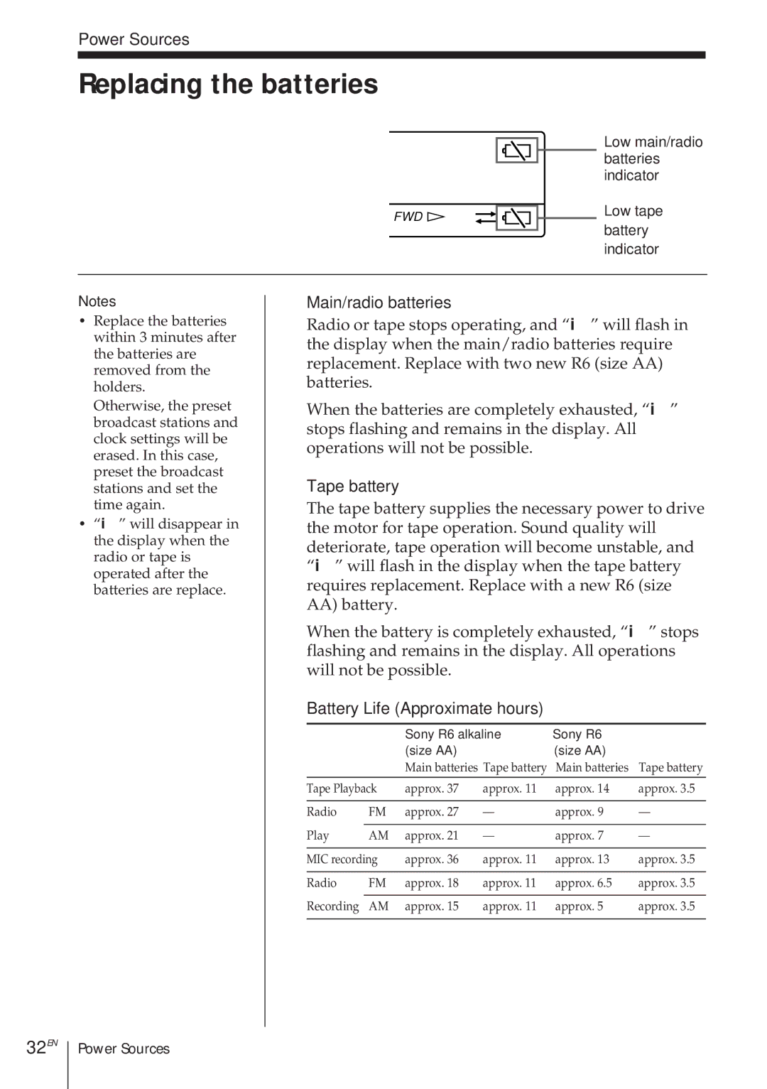 Sony ICF-SW1000TS operating instructions Replacing the batteries, 32EN 