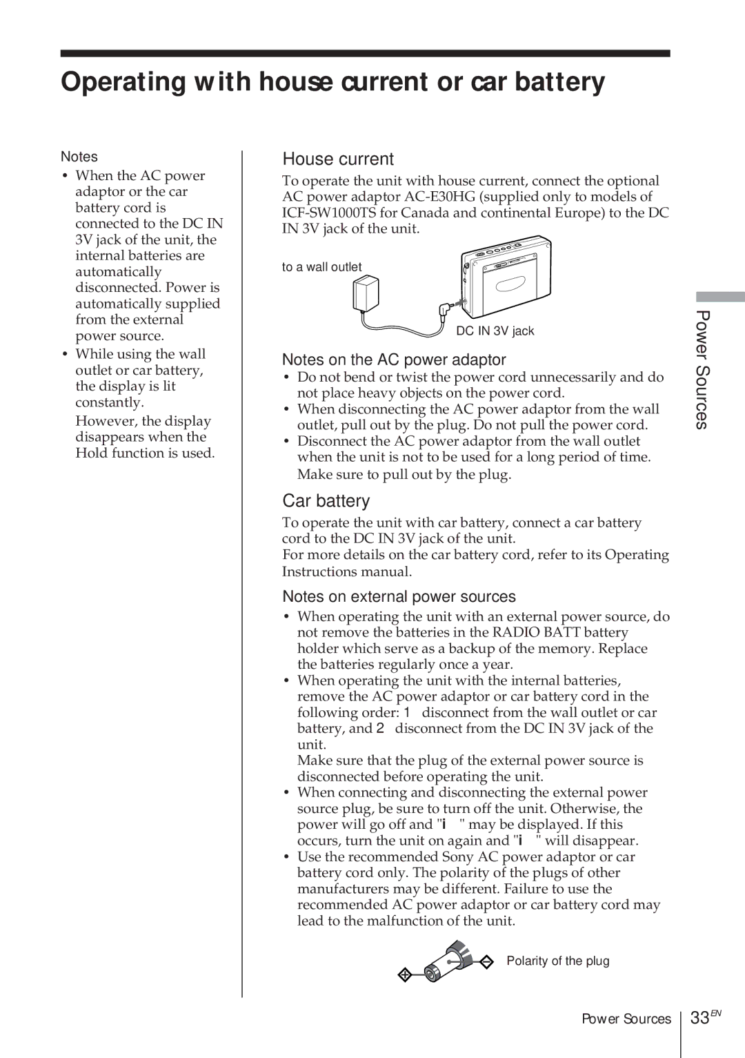 Sony ICF-SW1000TS operating instructions Operating with house current or car battery, House current, Car battery, 33EN 