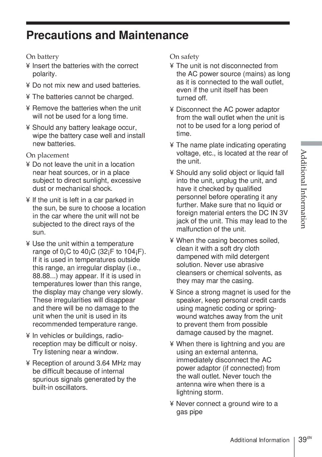 Sony ICF-SW1000TS operating instructions Precautions and Maintenance, 39EN, On battery, On placement, On safety 