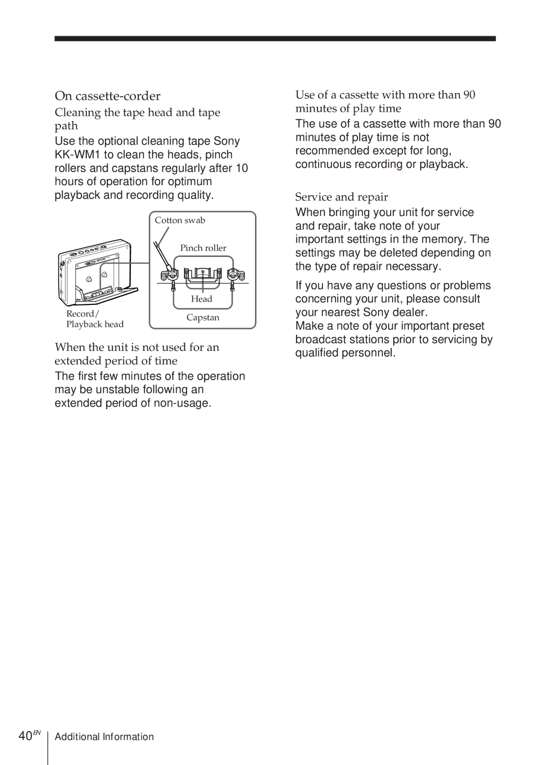 Sony ICF-SW1000TS operating instructions On cassette-corder, 40EN 