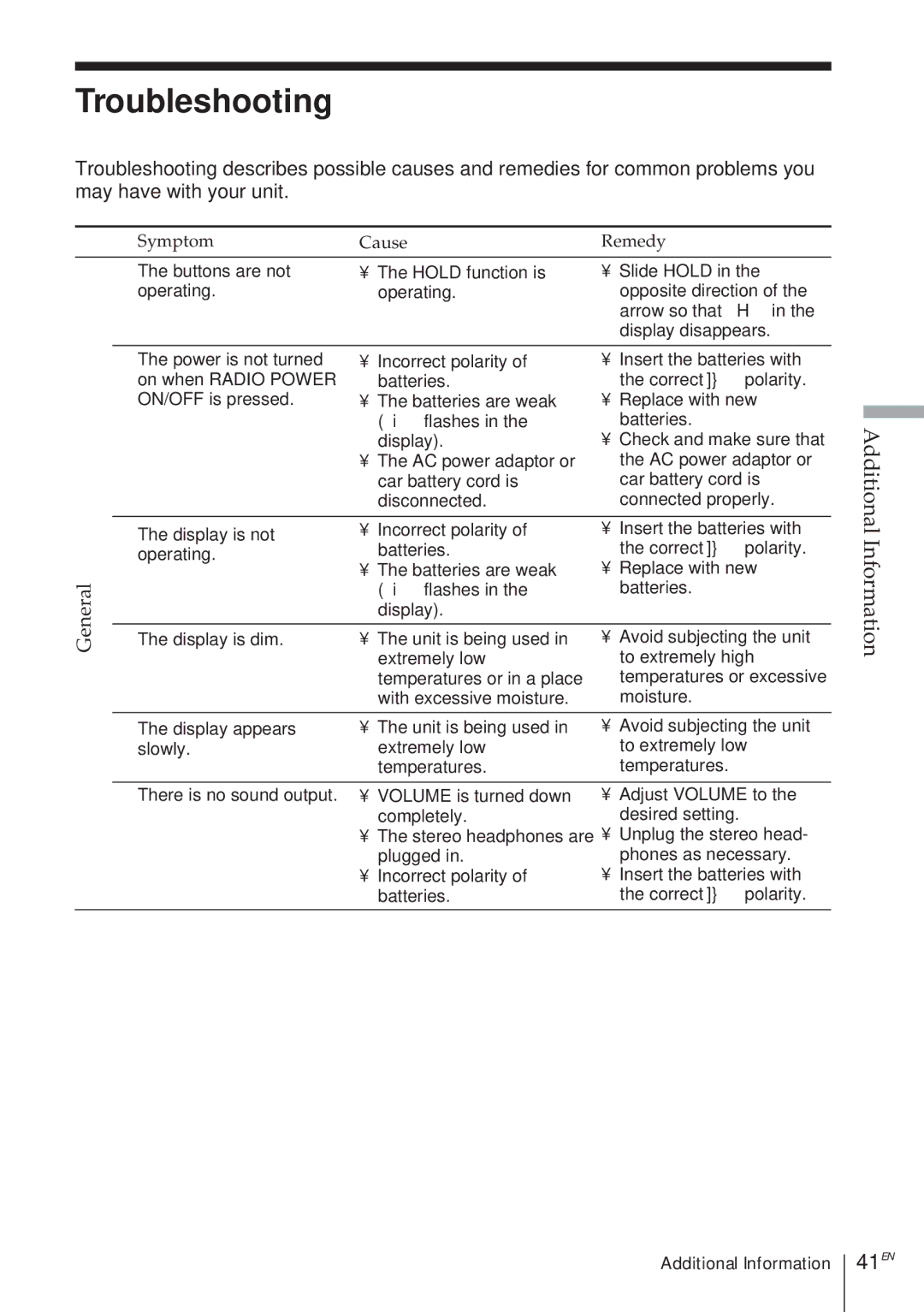 Sony ICF-SW1000TS operating instructions Troubleshooting, 41EN, Symptom Cause Remedy 