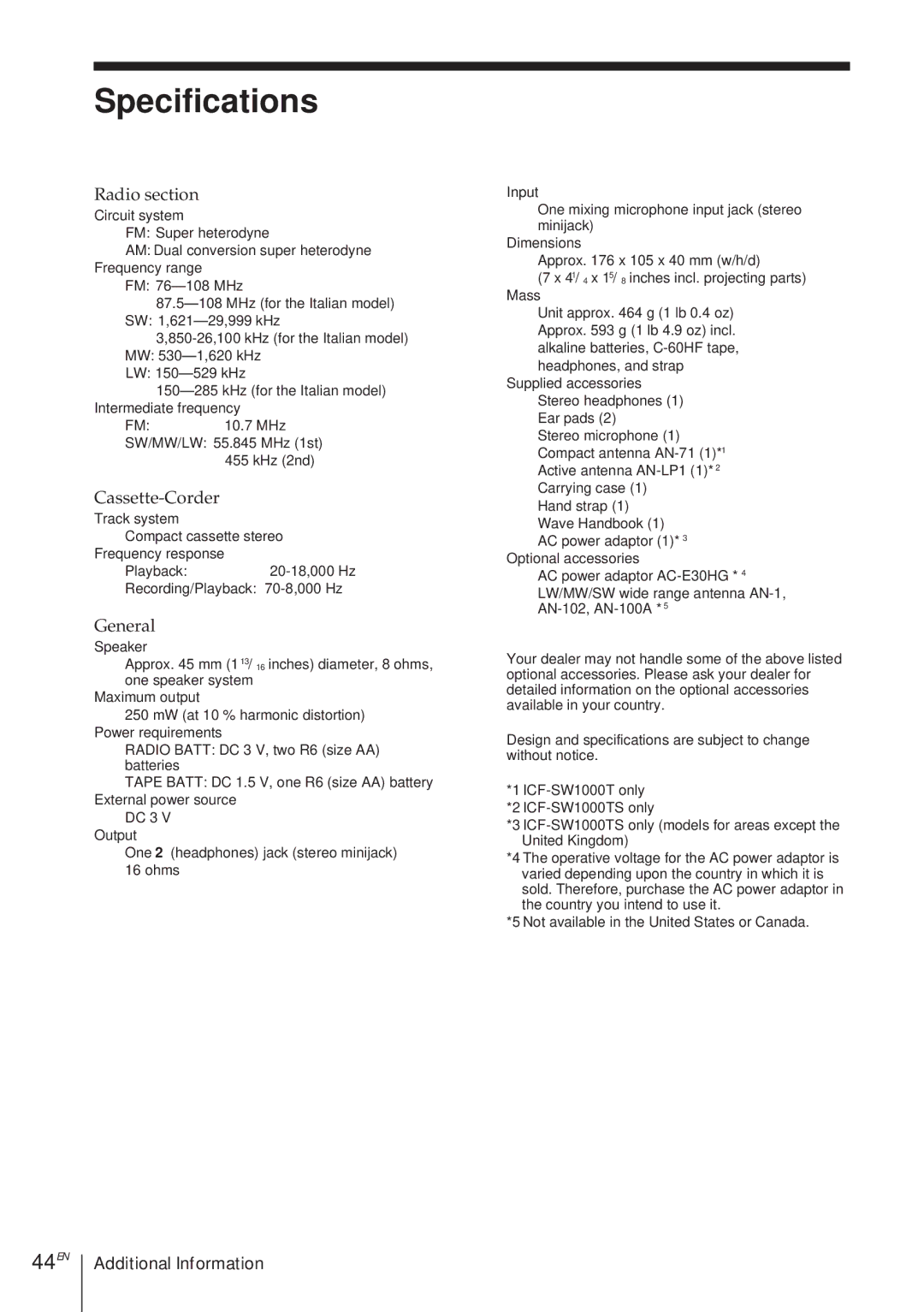 Sony ICF-SW1000TS operating instructions Specifications, 44EN, Radio section, Cassette-Corder, General 