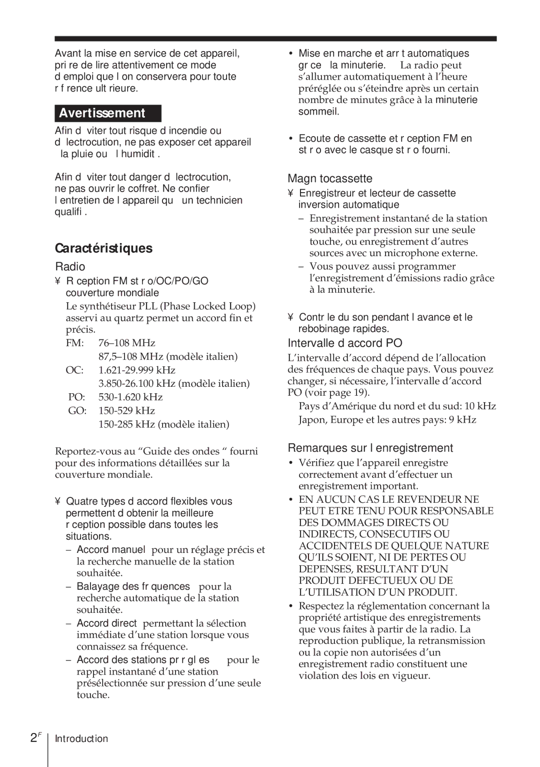 Sony ICF-SW1000TS Caractéristiques, Magnétocassette, Intervalle d’accord PO, Remarques sur l’enregistrement 