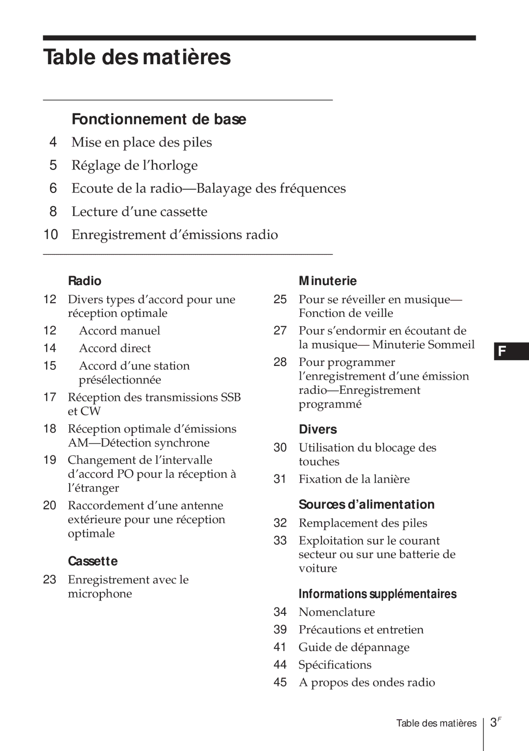 Sony ICF-SW1000TS Table des matières, Minuterie, Divers, Sources d’alimentation, Informations supplémentaires 