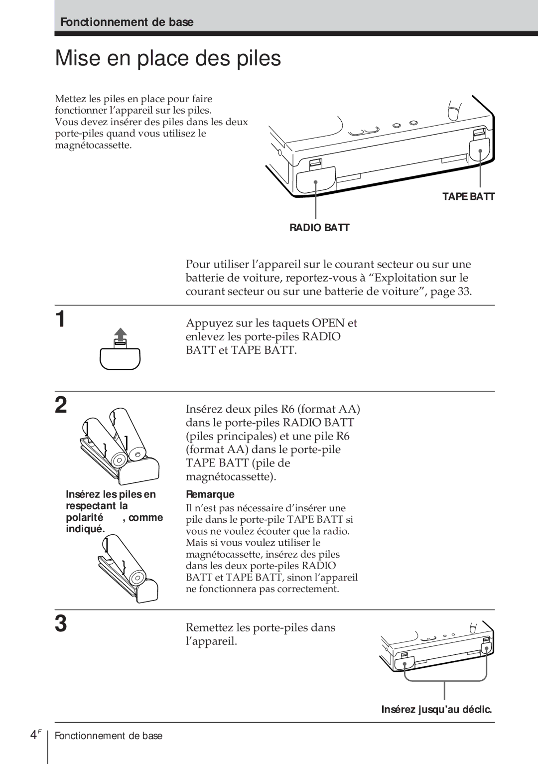 Sony ICF-SW1000TS Mise en place des piles, Fonctionnement de base, Remettez les porte-piles dans, ’appareil 