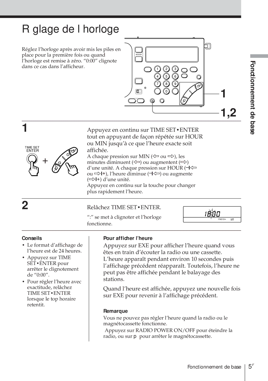 Sony ICF-SW1000T Réglage de l’horloge, Fonctionnement de base, Ou MIN jusqu’à ce que l’heure exacte soit Affichée 