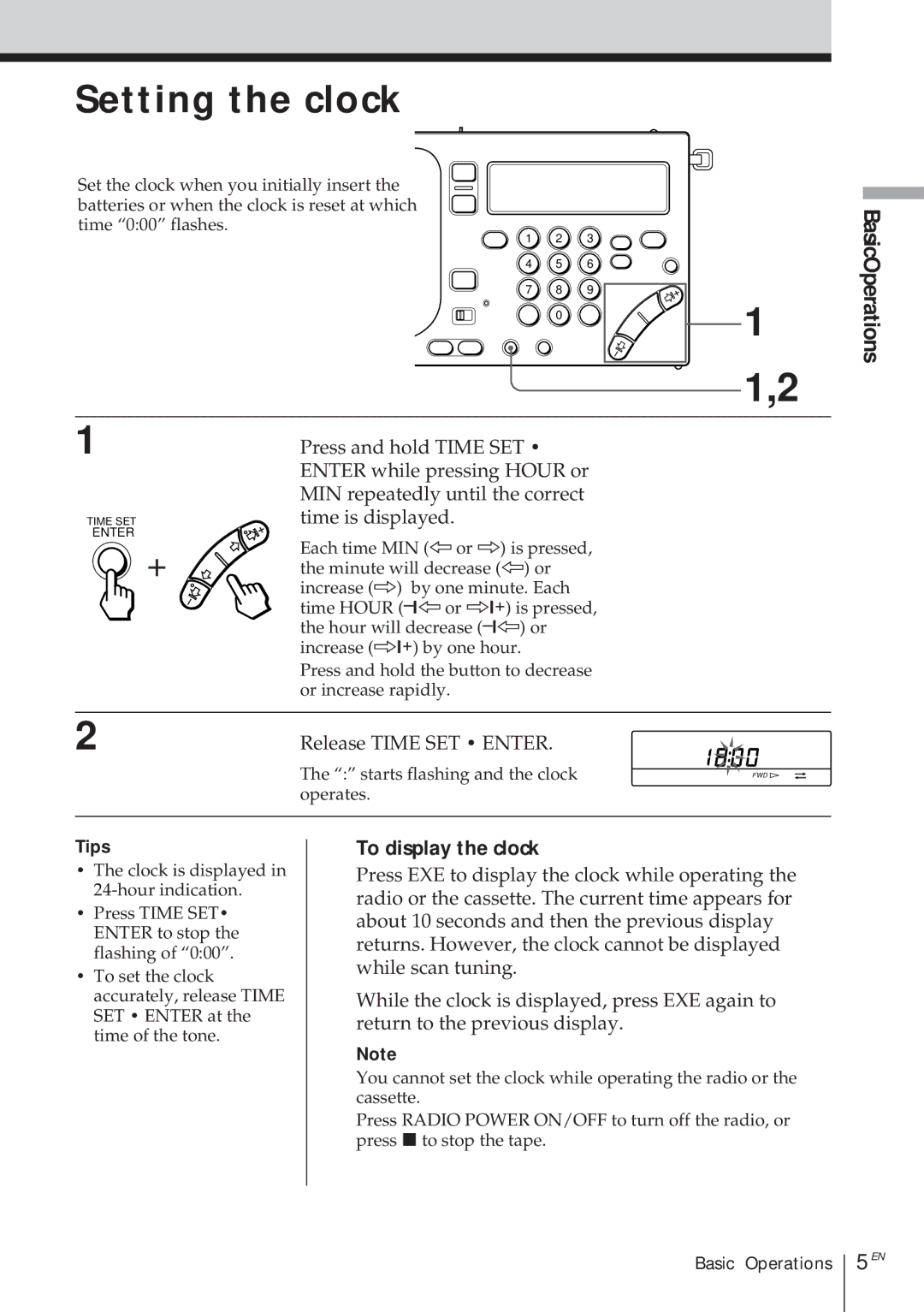 Sony ICF-SW1000TS operating instructions Setting the clock, BasicOperations, To display the clock 