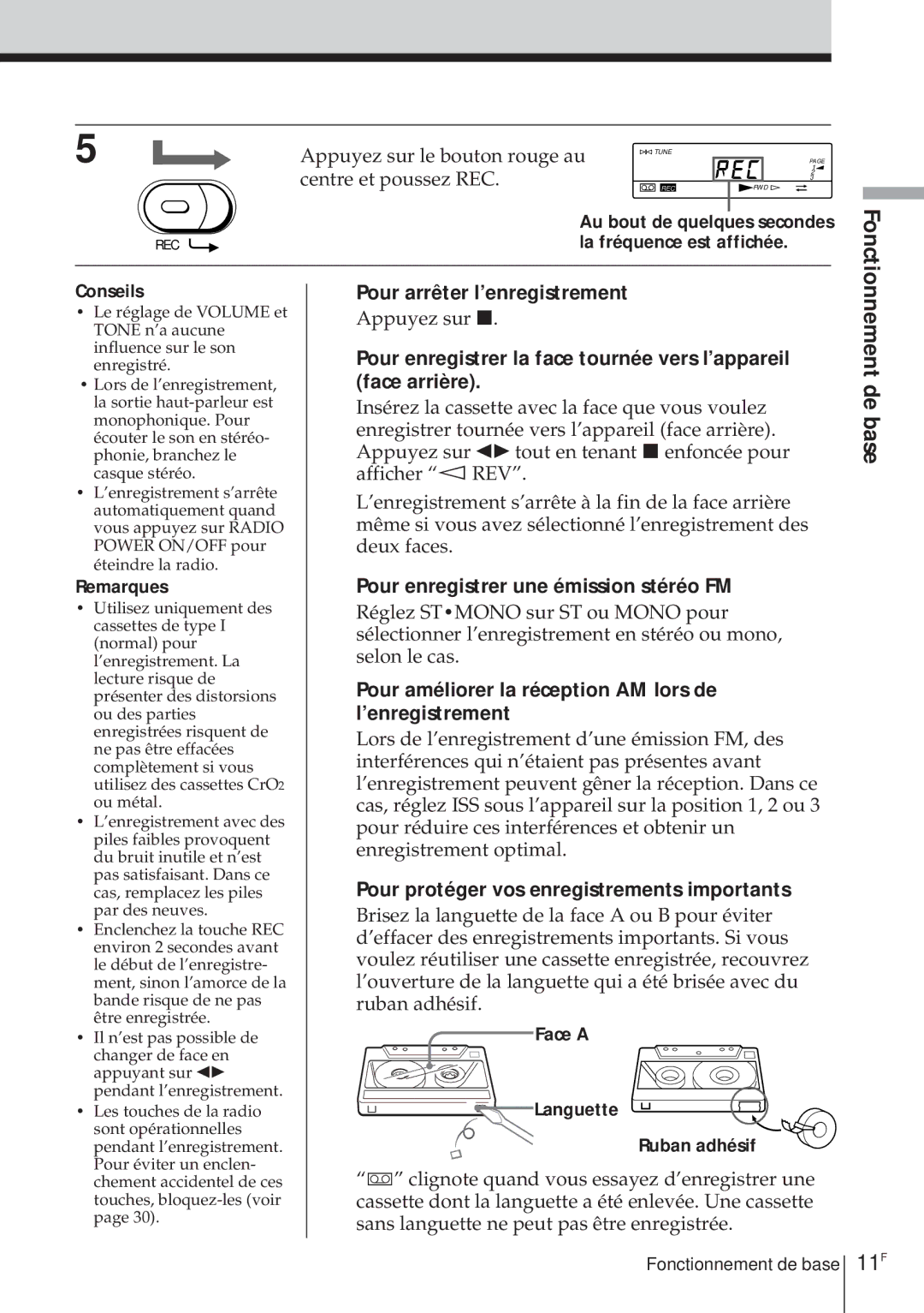 Sony ICF-SW1000TS operating instructions 11F, Pour arrêter l’enregistrement, Pour enregistrer une émission stéréo FM 