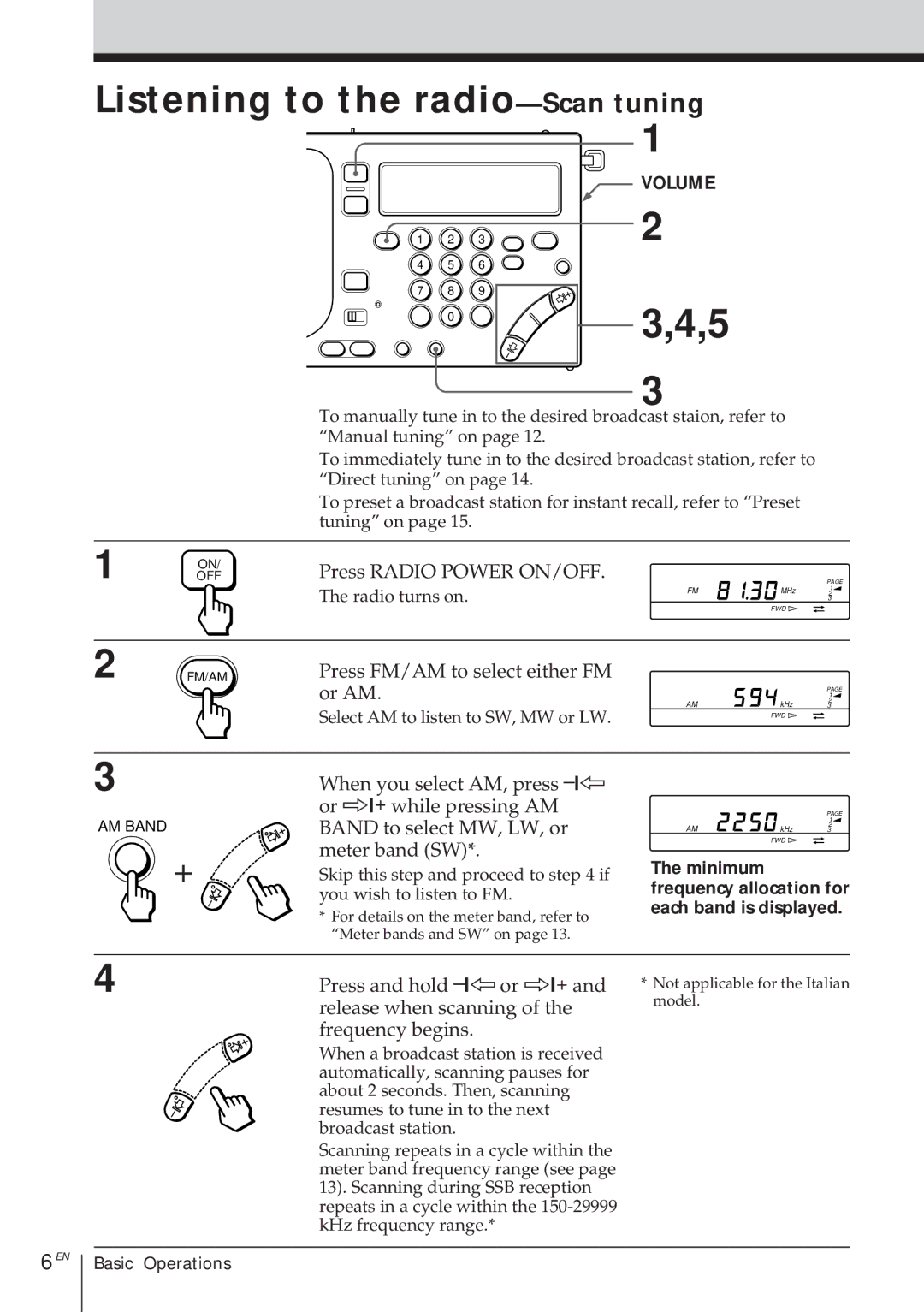 Sony ICF-SW1000TS Listening to the radio-Scan tuning, Press and hold -1¿or ÷1+, Release when scanning, Frequency begins 