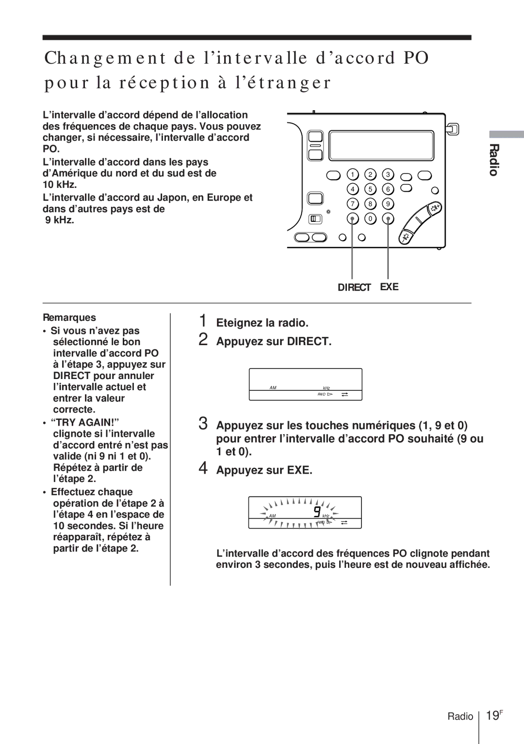 Sony ICF-SW1000TS operating instructions 19F, Eteignez la radio Appuyez sur Direct 