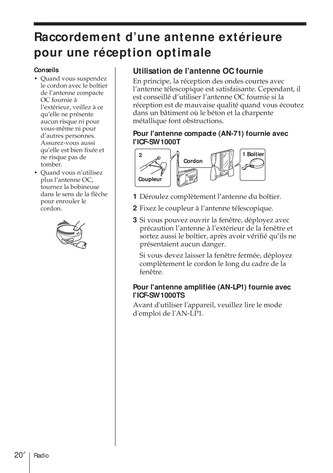 Sony ICF-SW1000TS Utilisation de l’antenne OC fournie, 20F, Pour lantenne compacte AN-71 fournie avec lICF-SW1000T 