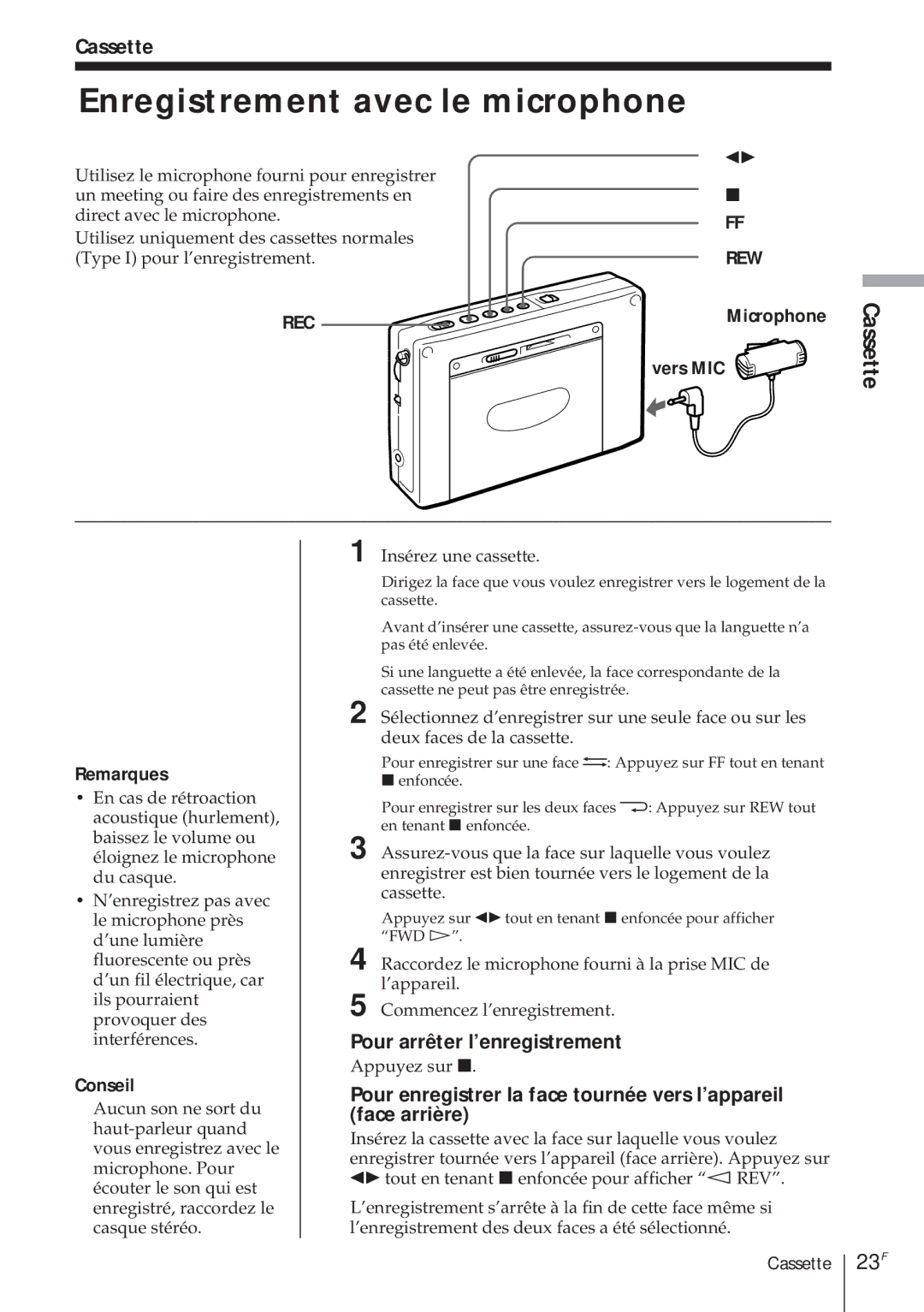 Sony ICF-SW1000TS operating instructions Enregistrement avec le microphone, 23F, Vers MIC 
