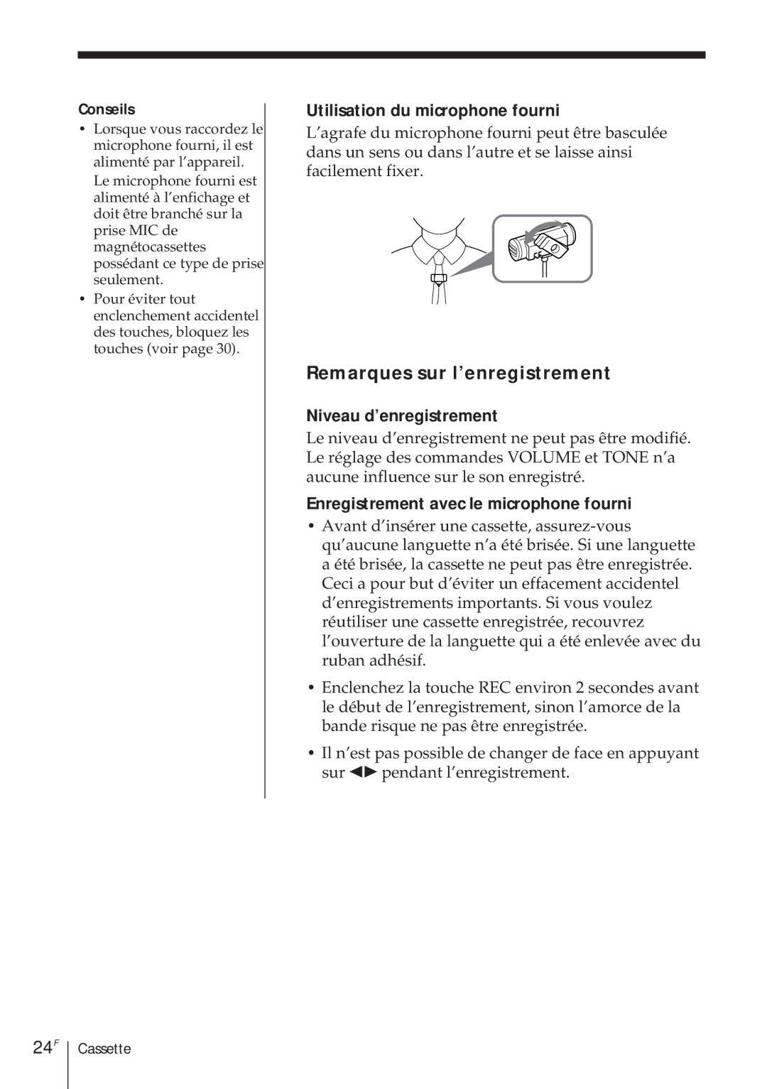 Sony ICF-SW1000TS Remarques sur l’enregistrement, 24F, Utilisation du microphone fourni, Niveau d’enregistrement 