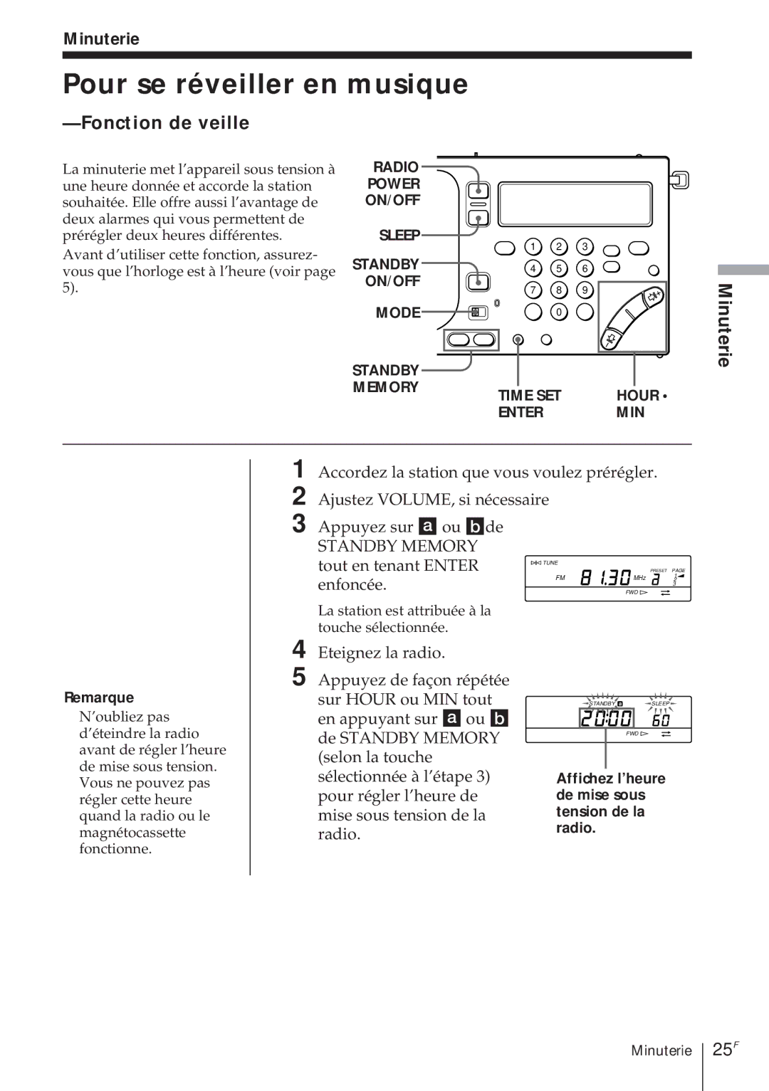 Sony ICF-SW1000TS operating instructions Pour se réveiller en musique, Fonction de veille, 25F, Minuterie 