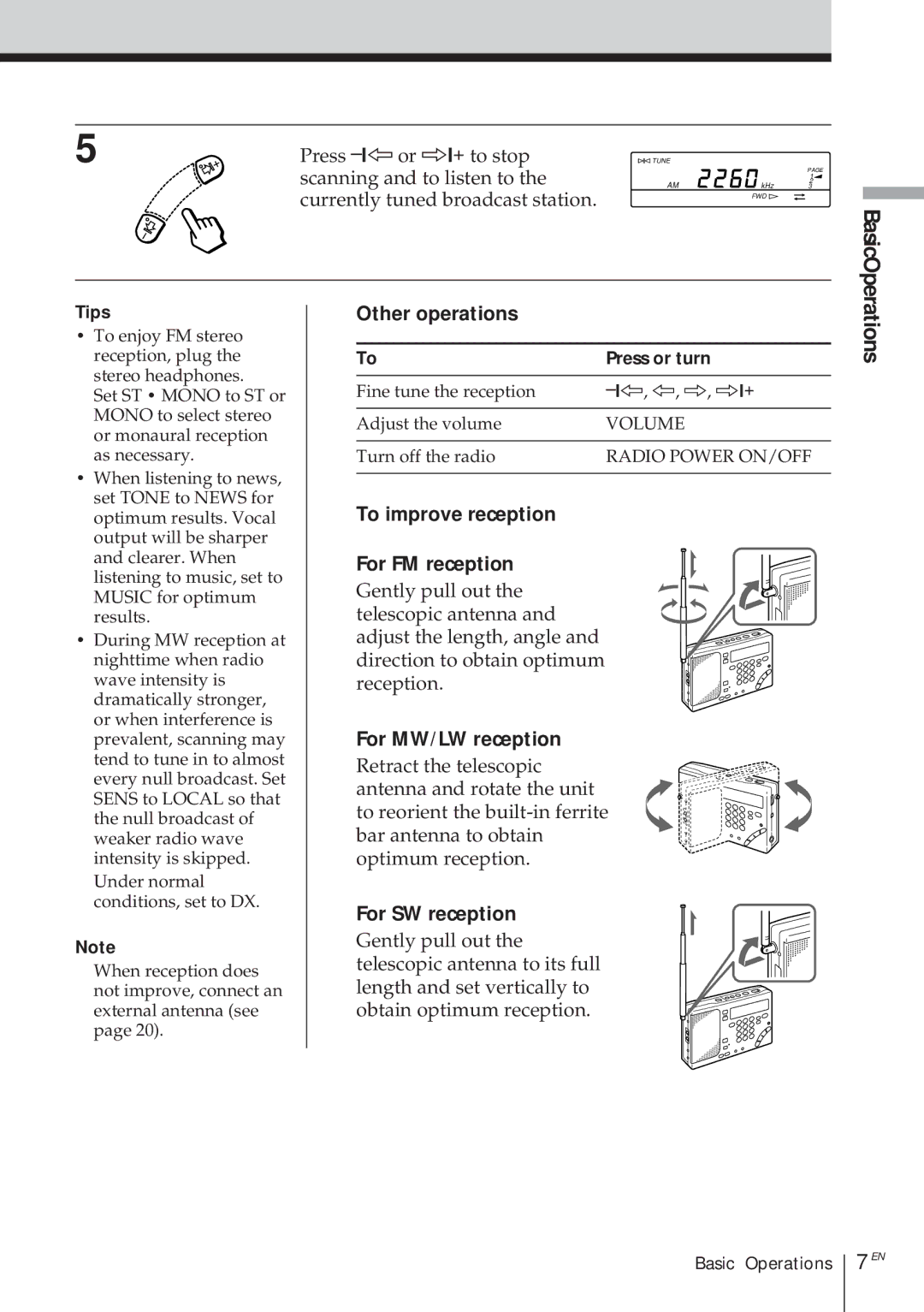Sony ICF-SW1000T Other operations, To improve reception For FM reception, For MW/LW reception, For SW reception 