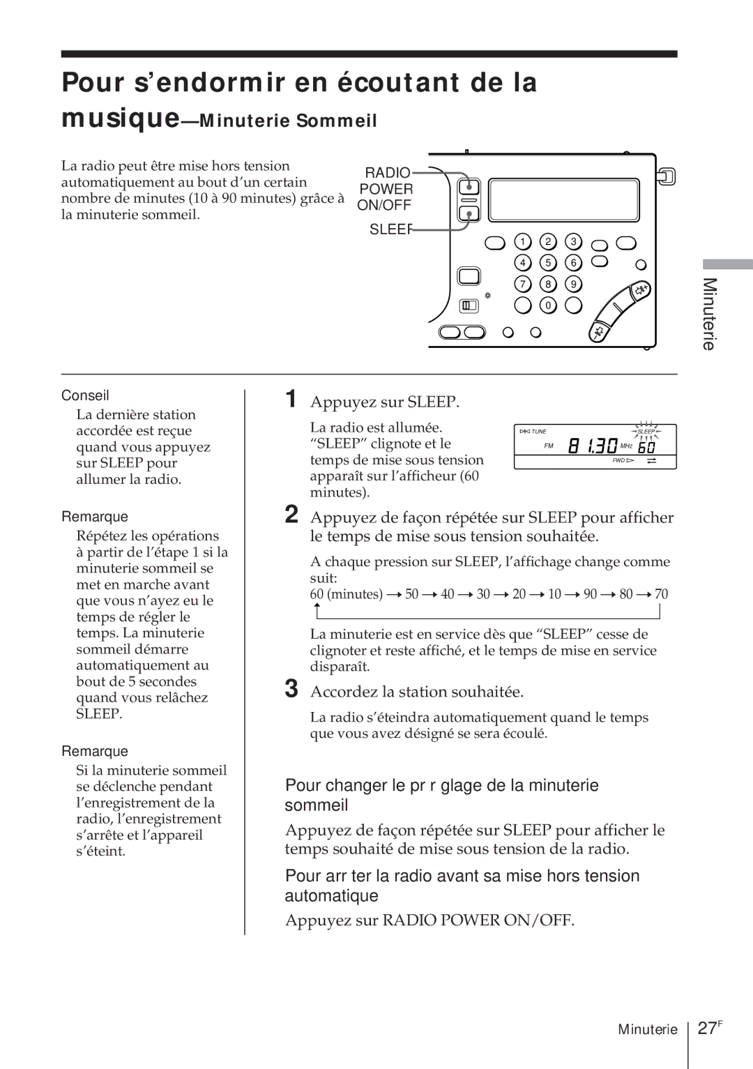 Sony ICF-SW1000TS operating instructions Pour s’endormir en écoutant de la, Musique-Minuterie Sommeil, 27F 