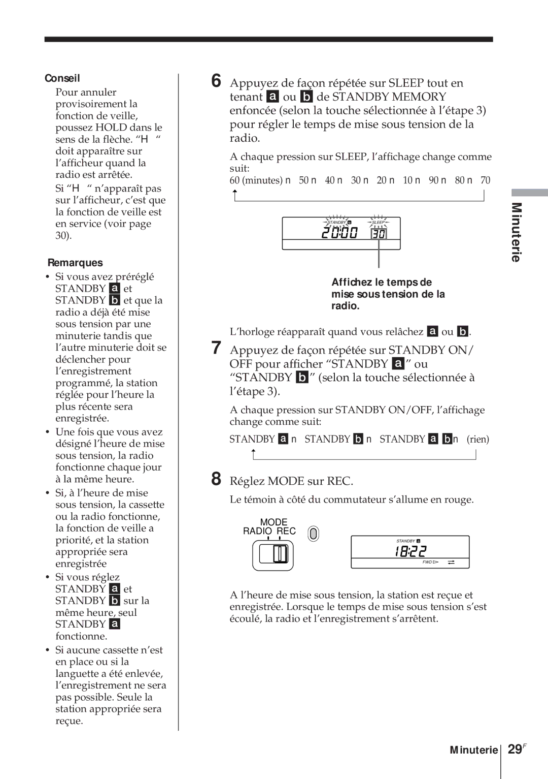 Sony ICF-SW1000TS operating instructions Réglez Mode sur REC, Affichez le temps de mise sous tension de la radio 