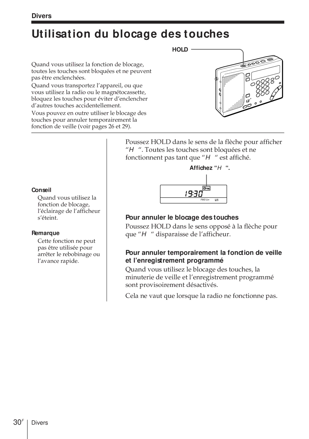 Sony ICF-SW1000TS Utilisation du blocage des touches, 30F, Divers, Pour annuler le blocage des touches, Affichez H 