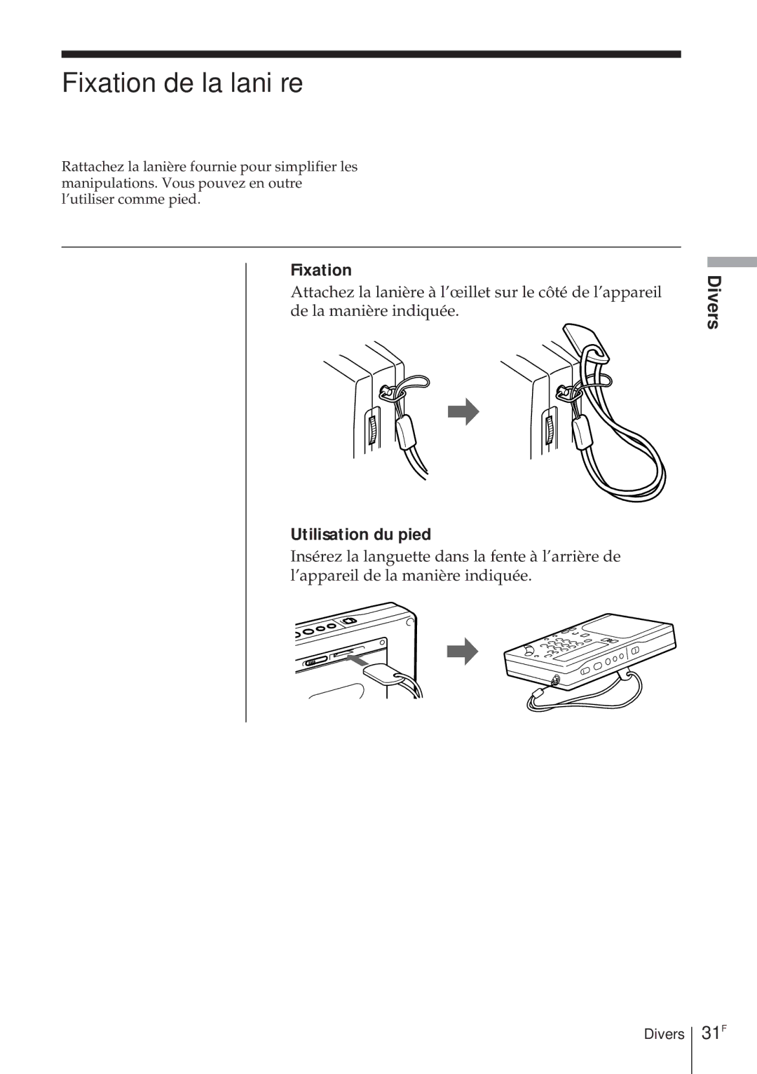 Sony ICF-SW1000TS operating instructions Fixation de la lanière, 31F, Utilisation du pied 