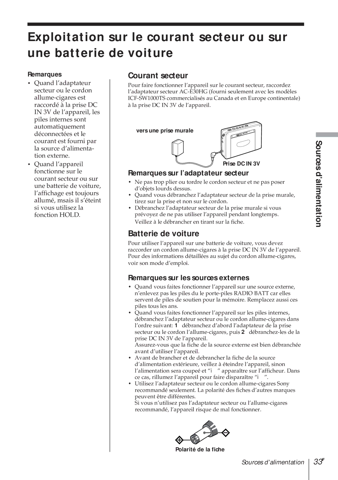 Sony ICF-SW1000TS operating instructions Courant secteur, Batterie de voiture, 33F, Remarques sur l’adaptateur secteur 